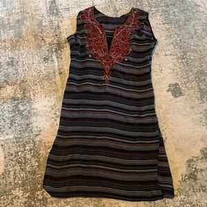 Striped Sleeveless Dress with Red Embroidery